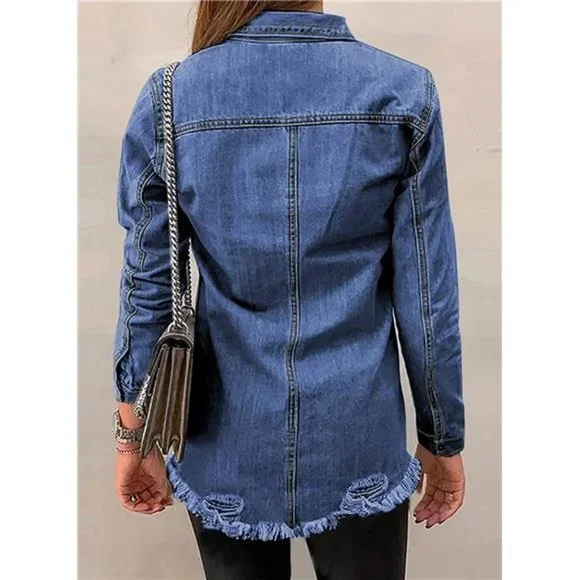 WOMEN'S Oversized Denim Jacket Casual Long A1 Blue